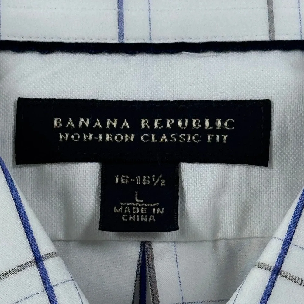 Banana Republic Mens Non-Iron Classic Fit Windowpane Dress Shirt White Blue L